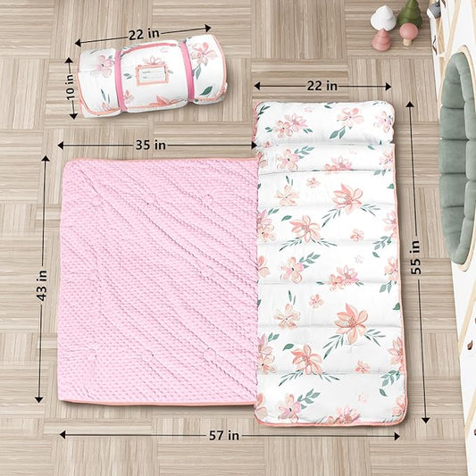 Nap Mat- Toddler Nap Mat with Pillow & Fleece Blanket- 55''*35''*3'' Nap Mat for Toddlers- Nap Mats for Preschool, Daycare