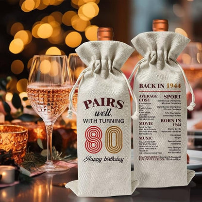 80th Birthday Wine Gift Bag For Best Friend Mom Dad Women Men Grandfather Grandmother, 1944 Birthday Gift, 80th Birthday Party Decor, 80th Anniversary Wine Bag, Pairs Well With Turning 80