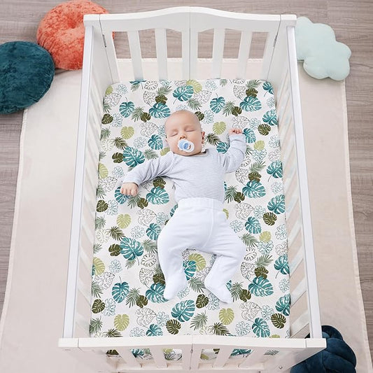 3 Pack Mini Crib Sheets, Premium Pack N Play Sheets for Boys Girls Neutral, Soft Breathable Baby Sheets Fit Pack N Play, Playard and Mini Crib Mattresses, Leaf