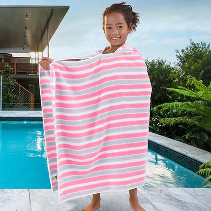VOOVA & MOVAS Kids Poncho Towels - Soft 100% Cotton (4-8Years), Quick Dry Absorbent Light Weight Hooded Towel for Pool | Swim | Beach | Bath, Pink Gray Stripe