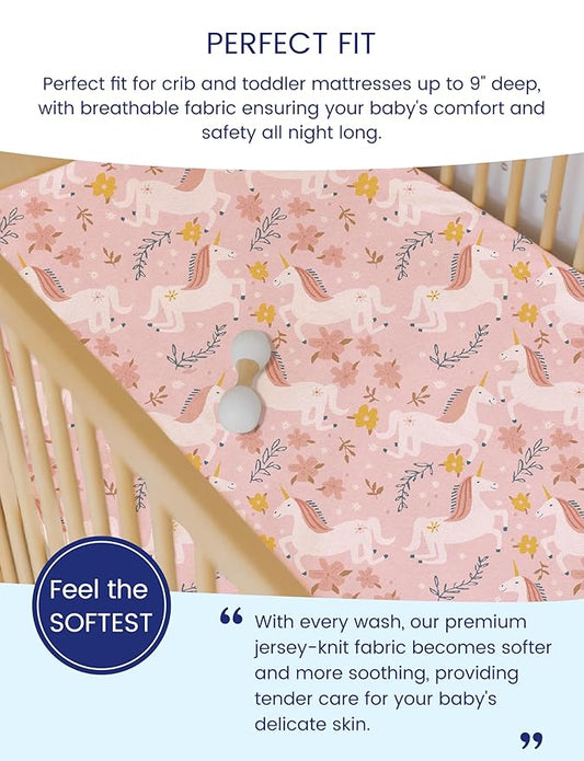 TotAha Premium Stretchy Unicorn Crib Sheets (2-Pack)-Hypoallergenic, Silky Comfort, Buttery Soft, Calming Effect, All-Season Jersey-Knit Sheets, 9'' Extra Deep Pocket