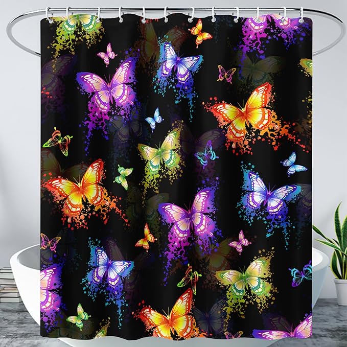 AILONEN Butterfly Shower Curtain for Bathroom, Colorful Butterfly Polyester Waterproof Bath Curtain,Modern Fashion Minimalist Shower Curtain with 12 Plastic Hooks,Black 36" W*72" H