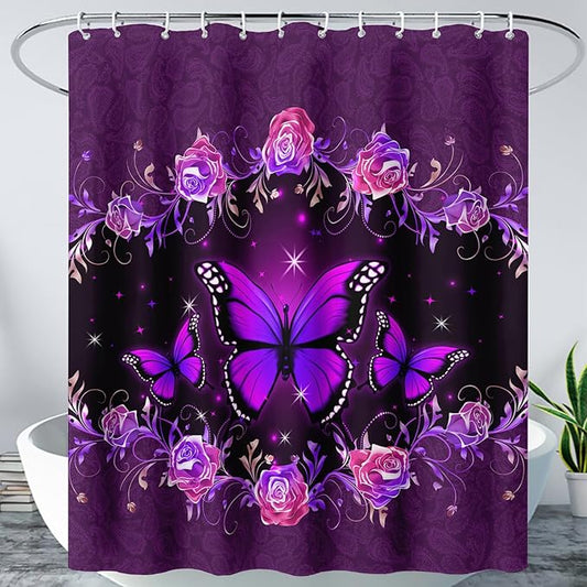 AILONEN Girls Butterfly Shower Curtain for Bathroom, Purple Rose Floral Butterfly Bathroom Curtain,Flying Butterfly Bath Curtain 60" W*72" H Polyester Waterproof Bathroom Curtain with 12 Hooks