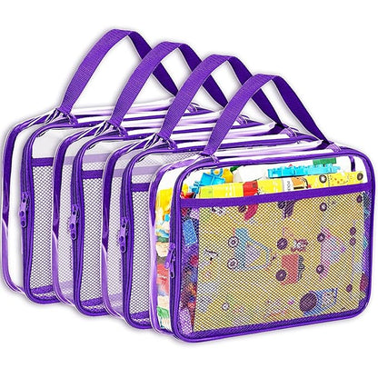 VERONLY 4 Packs PVC Toy Zippered Blocks, Travel Storage Case Bags for Organizing, Waterproof Toy Storage Bags with Mesh Pockets for Building Blocks, Puzzles, Clays,Toy Cars 11.8" Lx3 Wx9 H (Purple).