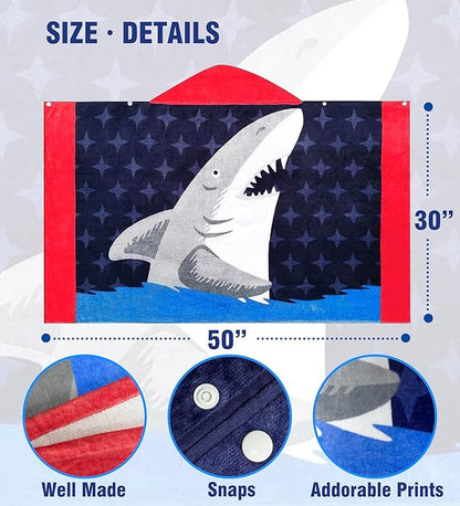Kids Bath Towel Hooded - Cotton Kids Beach Towel 30"x50" for Ages 3 to 10, Toddler Towels with Hood Snaps, Soft Terry Poncho Towel as Pool Swim Cover Ups for Girls Boys (Shark Navy)