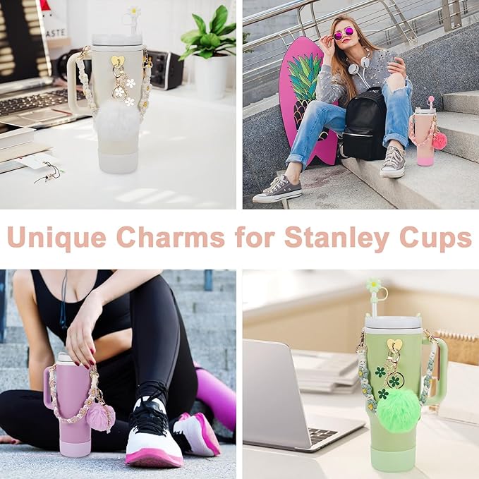 7PCS Water Bottle Cup Accessories Set for Stanley Cup 40oz & 30oz Tumbler, Including Water Bottle Handle Strap, Silicone Cup Boot, Silicone Straw Cover, Keychain Charms (Pink)