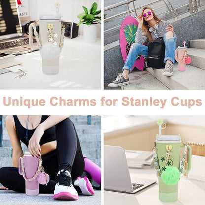 7PCS Water Bottle Cup Accessories Set for Stanley Cup 40oz & 30oz Tumbler, Including Water Bottle Handle Strap, Silicone Cup Boot, Silicone Straw Cover, Keychain Charms (Pink)