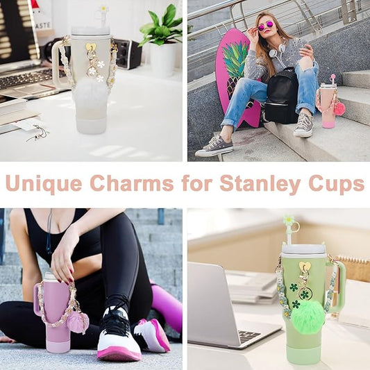 7PCS Water Bottle Cup Accessories Set for Stanley Cup 40oz & 30oz Tumbler, Including Water Bottle Handle Strap, Silicone Cup Boot, Silicone Straw Cover, Keychain Charms (Pink)
