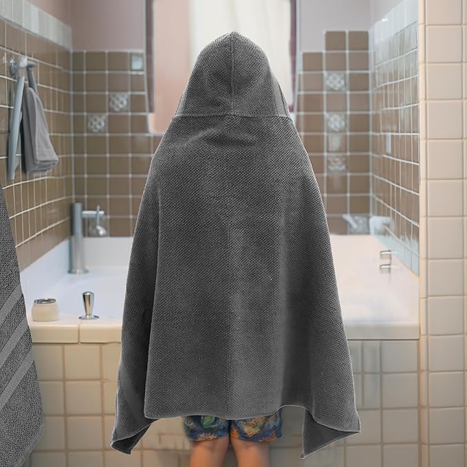 Hooded Bath Towel Wrap - 100% Cotton Popcorn Large Oversized Hooded Kids Towel - Toddler Shower Pool Beach Towel - 600 GSM - Soft Absorbent Quick Dry Easy Care Gift - 30x52 inches - Grey