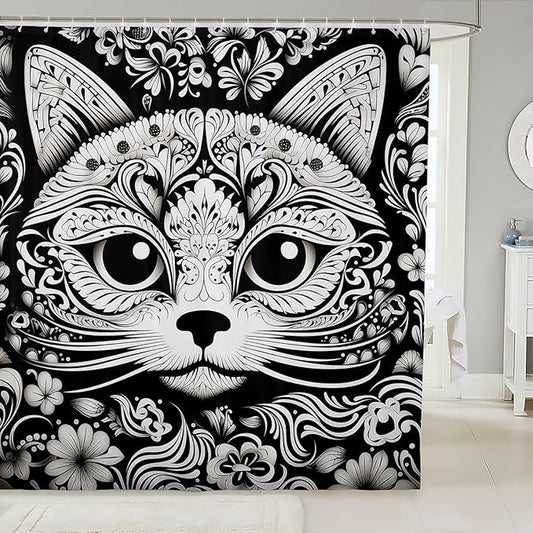 Feelyou Cute Cat Shower Curtain Damask Cat Fabric Shower Curtain for Kids Boys Girls Black White Cat Bathroom Waterproof Accessories with 12 Hooks Cartoon Cat Curtains,72x78 Inches
