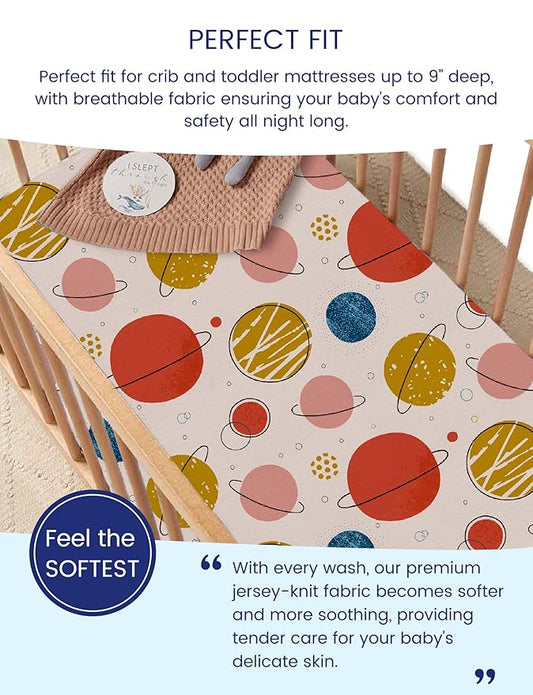 TotAha Premium Stretchy Space Crib Sheets (2-Pack)-Hypoallergenic, Silky Comfort, Buttery Soft, Calming Effect, All-Season Jersey-Knit Sheets, 9'' Extra Deep Pocket