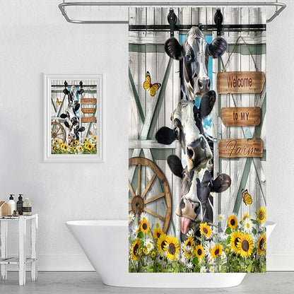 Farmhouse Cow Shower Curtain Funny Animal Butterfly Sunflower Cow Shower Curtains for Bathroom Decor Waterproof Polyester Fabric Western Barn Door Bathroom Curtain with Hooks 66x72 Inch