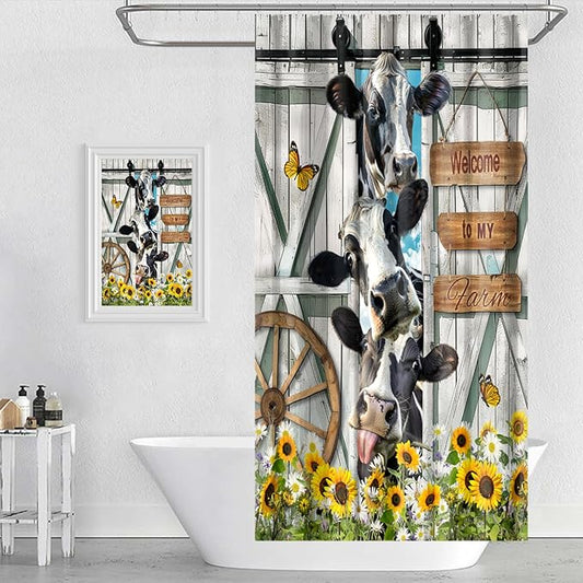 Farmhouse Cow Shower Curtain Funny Animal Butterfly Sunflower Cow Shower Curtains for Bathroom Decor Waterproof Polyester Fabric Western Barn Door Bathroom Curtain with Hooks 66x72 Inch