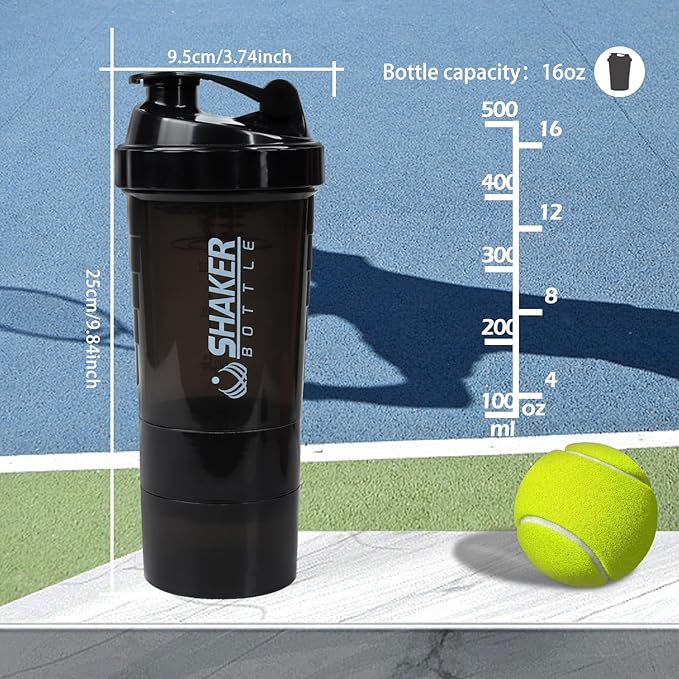 Shaker Bottle - Protein Shaker Cup with Storage Compartments - Leak-proof Workout Shake Bottles with Mixer for Smooth Mixing-500ML/16oz (PURE BLACK)