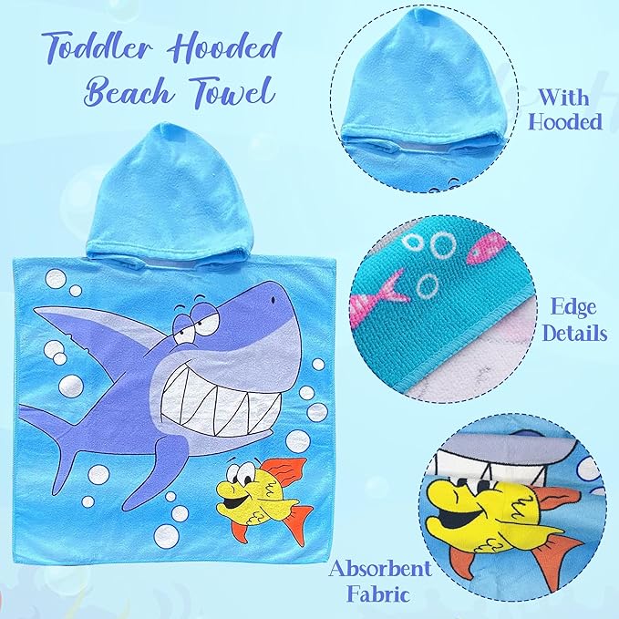 Fish Beach Towel with Hood for Boys Girls Shark Kids Hooded Bath Towel Toddler Swim Pool Cover Up for 2-4 Years