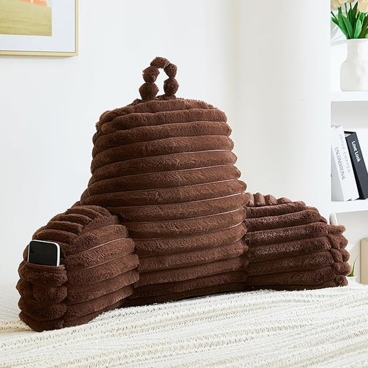 Faux Fur Fluffy Coffee Reading Pillow with Pockets, Luxury Striped Plush Decorative, Arm Rests and Back Surport for Bed Rest, Lounging on sofa, Large