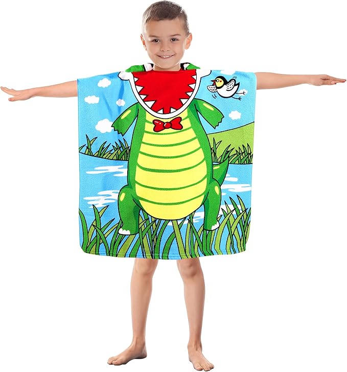 Kids Crocodile Hooded Beach Towel Boys Cute Ship Poncho Pool Towels with Hood 24*47" Soft Microfiber Swim Cover-ups Kids Ages 3-10 Thick Absorbent Cotton Hooded Bath Towels Wrap Bathrobe