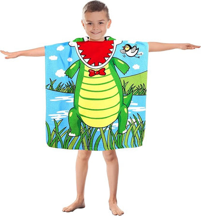 Kids Crocodile Hooded Beach Towel Boys Cute Ship Poncho Pool Towels with Hood 24*47" Soft Microfiber Swim Cover-ups Kids Ages 3-10 Thick Absorbent Cotton Hooded Bath Towels Wrap Bathrobe