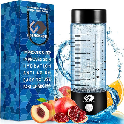 Marked Hydrogen water bottle generator Hydrogenius by Kosmoknott | 3500 ppb Hydrogen Water Machine with Clear Markings | Improves Sleep & Skin, Fast Charging, Leak-Proof Design