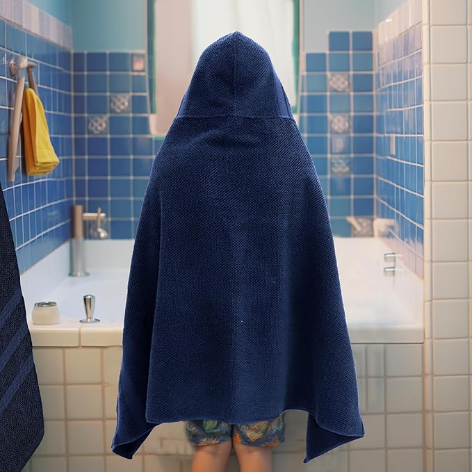 Hooded Bath Towel Wrap - 100% Cotton Popcorn Large Oversized Hooded Kids Towel - Toddler Shower Pool Beach Towel - 600 GSM - Soft Absorbent Quick Dry Easy Care Gift - 30x52 inches - Navy