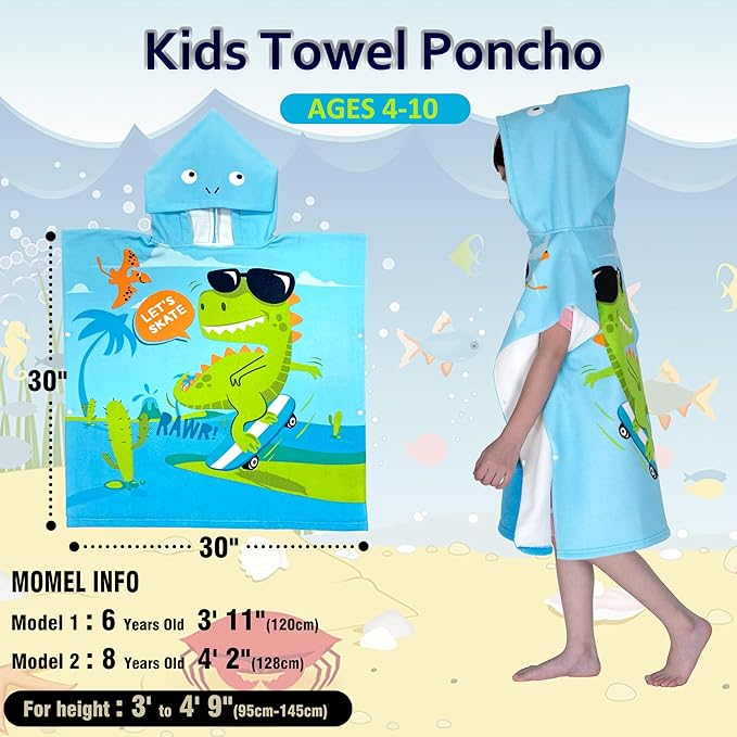 Hooded Kids Beach Towels - Toddler Bath Towel Girls Boys Swim Cover-ups for Ages 4 to 10 Kids Pool Towels Quick Dry Lightweight Soft Microfiber Poncho 30x30 with Bag (Dino Skating)