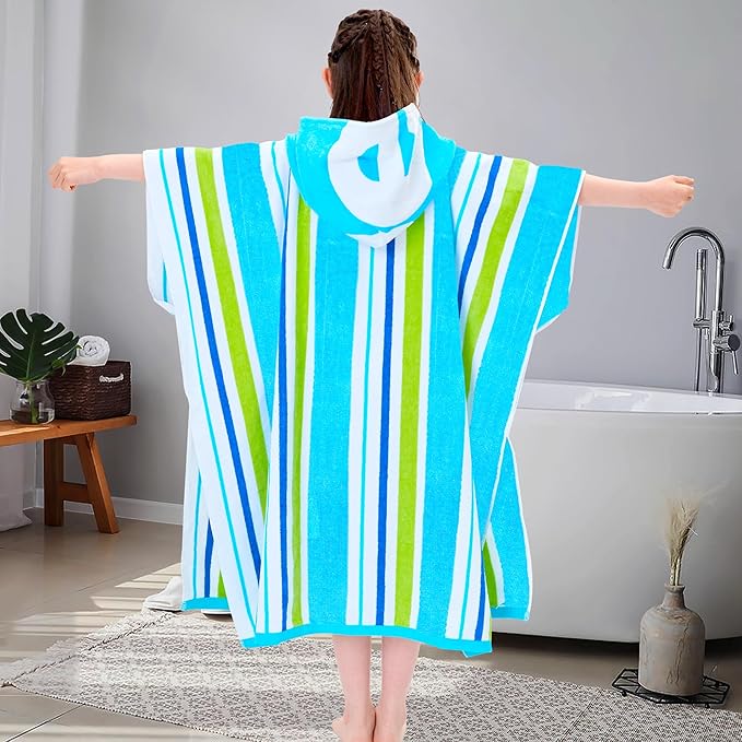 VOOVA & MOVAS Big Kids Towel Poncho with Hood (8-16Years), 100% Cotton Thick Poncho Towel Robe for Kids, Perfect for Pool, Beach, Bathroom, Blue Green Stripe
