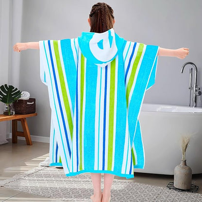 VOOVA & MOVAS Big Kids Towel Poncho with Hood (8-16Years), 100% Cotton Thick Poncho Towel Robe for Kids, Perfect for Pool, Beach, Bathroom, Blue Green Stripe
