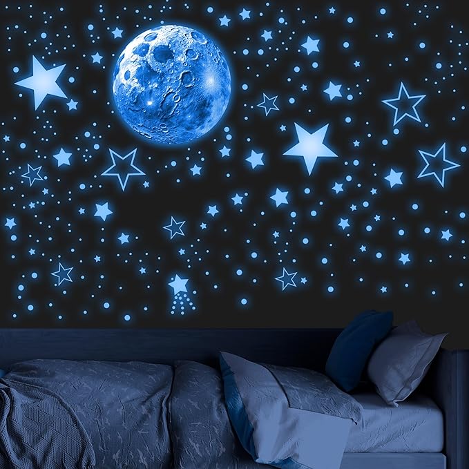 965 PCS Glow in The Dark Stars and Moon for Ceiling, Luminous Stars and Planet Wall Decals, Kids Room Decor, Glowing Galaxy Wall Stickers for Nursery Decorations (Blue)