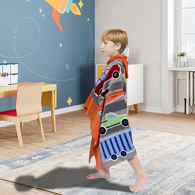 Kids Bath Towel Hooded - Cotton Kids Beach Towel 30"x50" for Ages 3 to 10, Toddler Towels with Hood Snaps, Soft Terry Poncho Towel as Pool Swim Cover Ups for Girls Boys (Vehicle)