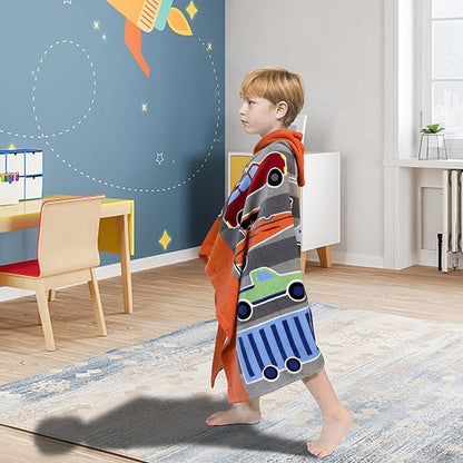 Kids Bath Towel Hooded - Cotton Kids Beach Towel 30"x50" for Ages 3 to 10, Toddler Towels with Hood Snaps, Soft Terry Poncho Towel as Pool Swim Cover Ups for Girls Boys (Vehicle)