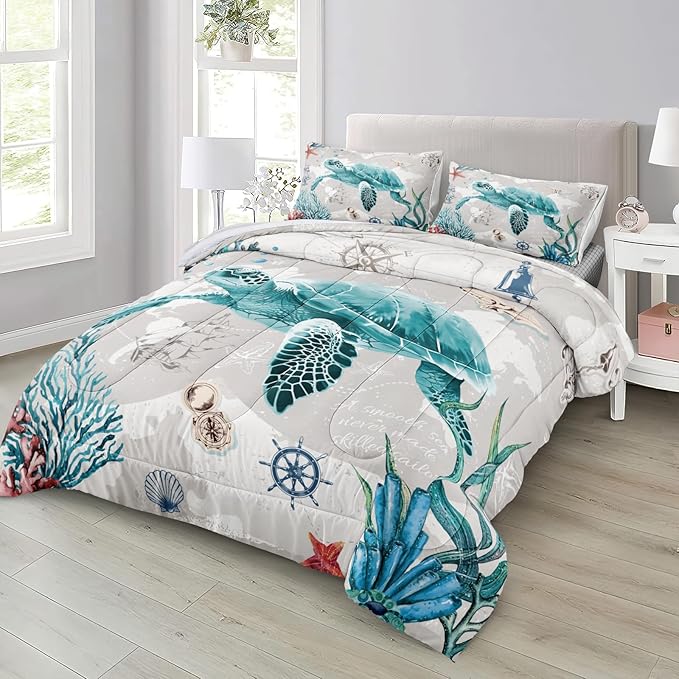 Bedbay Nautical Bedding Set Turtle Comforter Set King Size Beach Comforter Set Soft Microfiber Sea Life Ocean Bedding Comforter Set Coastal Bedding Boys Girls Beach Theme Bedding Set(Turtle,King)
