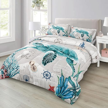 Bedbay Nautical Bedding Set Turtle Comforter Set King Size Beach Comforter Set Soft Microfiber Sea Life Ocean Bedding Comforter Set Coastal Bedding Boys Girls Beach Theme Bedding Set(Turtle,King)