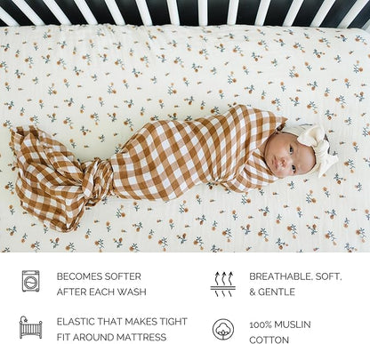 Cream Floral Muslin Crib Sheet by Mebie Baby, Soft and Breathable Bed Sheets for Babies, Modern Neutral Bedding for Cribs, Standard Crib Mattress Fitted Sheet, Great for Boy or Girl Room or Nursery