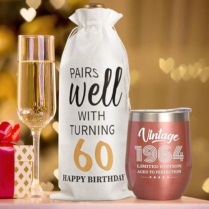 Lifecapido 60th Birthday Gifts for Women, Vintage 1964 Limited Edition Insulated Wine Tumbler with Wine Bag, 60 Year Old 60th Birthday Presents Christmas Gifts for Mom Grandma Wine Lover, 12 oz