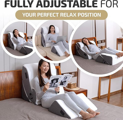 Orthopedic Bed Wedge Pillow Set w/Leg Elevation Pillow - Perfect Adjustable Memory Foam Pillows for After Surgery Recovery, Back Support, Pain Relief & Sleeping (5 pcs Grey with Cooling Fabric)