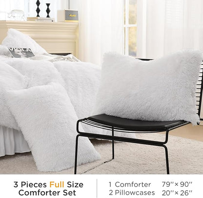 Litanika White Fluffy Comforter Full Size, Luxury Shaggy Plush Fuzzy Bedding Set for Full Bed, Ultra Soft Warm Velvet Comforter 3 Pieces(1 Faux Fur Comforter 79×90 Inch, 2 Pillowcases)