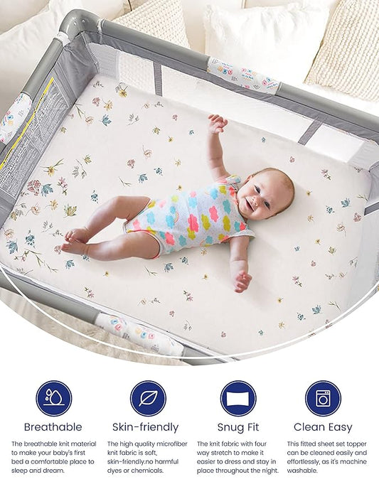 TotAha Premium Stretchy Pack N Play Playard Sheets | Mini Crib Sheets (2-Pack)-Hypoallergenic, Silky Comfort, AButtery Soft, Calming Effect, All-Season Jersey-Knit (Blue Flower & Small Floral)