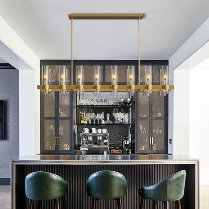 Brass Kitchen Island Lighting- 16-Light Linear Chandelier, Adjustable 54'' Modern Farmhouse Rectangle Pendant Light Fixtures, Dining Room, Bedroom