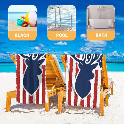 Beach Towel, Hunting Deer USA Flag Beach Towel Oversized Sand Proof Absorbent, Quick-Dry Bath Pool Swim Towel for Shower Spa Vacation, 29.5” X 59”