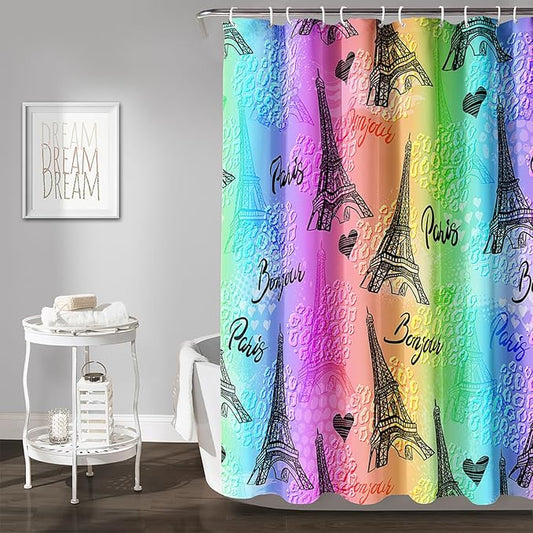 AILONEN Rainbow Shower Curtain for Bathroom, Rainbow Gradient Eiffel Tower Printed Bath Curtain,Women Girls Kids Minimalist Waterproof Fabric Shower Curtain Set with Hooks 48" W*72" H