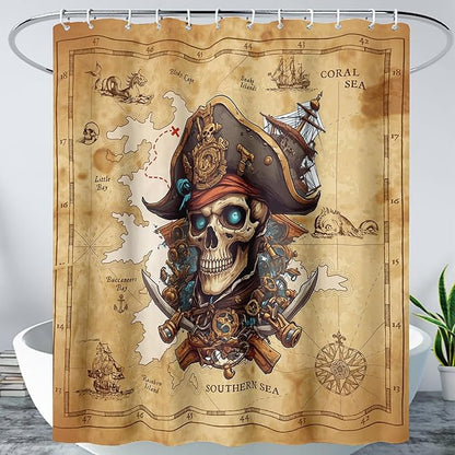 AILONEN Pirate Skull Shower Curtain for Bathroom,Vintage Ocean Nautical Bath Curtain Decoration,Pirate Captain Old Map Print Waterproof Shower Curtain with 12 Plastic Hooks, 36" W*72" H