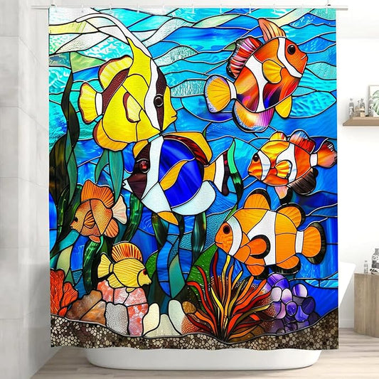 Fish Shower Curtain for Bathroom Fish Shower Curtains Home Bathroom Bathtubs Stained Glass Fish Decor Polyester Shower Curtain Waterproof Washable Durable 12 Hooks 72"x72"