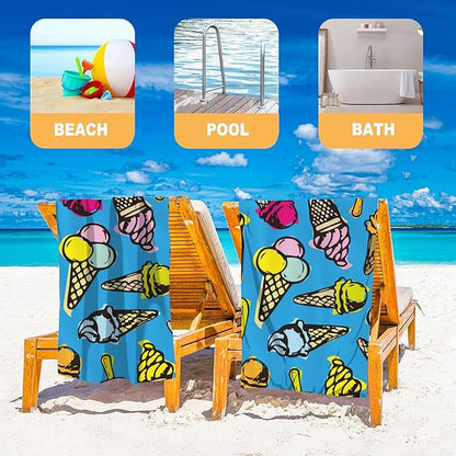 Beach Towel, Vintage Ice Cream Doodle Beach Towel Oversized Sand Proof Absorbent, Quick-Dry Bath Pool Swim Towel for Shower Spa Vacation, 29.5” X 59”