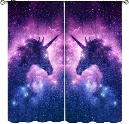 Unicorn Curtains Children's Cartoon Starry Sky Theme Unicorn Pattern Curtains Star Galaxy Boys Girls Room Blackout Curtains 42x63 Inch 2 Panels