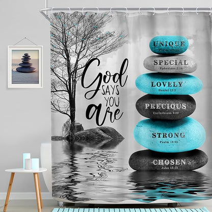 MESHELLY Zen Stone Bible Verse Shower Curtain 60Wx72H Teal Blue Spa Relaxing Meditation Massage Quotes Bathroom Curtain Black Tree Inspirational Bath Curtain Gray Bathroom Decor Fabric with 12 Hooks