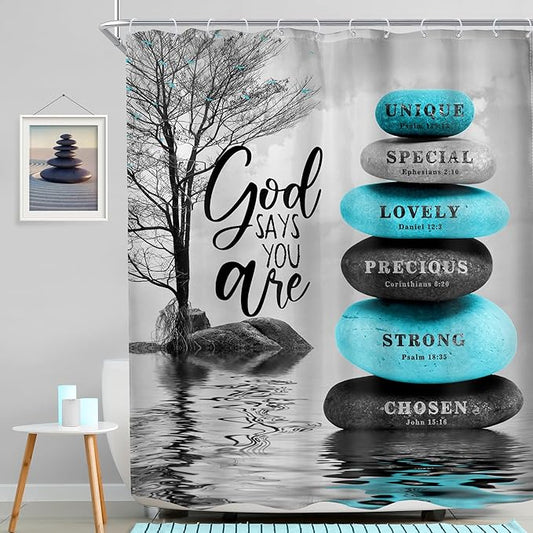 MESHELLY Zen Stone Bible Verse Shower Curtain 60Wx72H Teal Blue Spa Relaxing Meditation Massage Quotes Bathroom Curtain Black Tree Inspirational Bath Curtain Gray Bathroom Decor Fabric with 12 Hooks