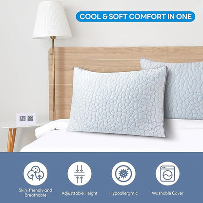 Cooling Gel Memory Foam Pillows, Hypoallergenic Dual-Sided Pillowcase Bed Pillows with Washable Cover, Adjustable Pillows Height for Side, Back and Stomach Sleepers, Queen, 50x76cm
