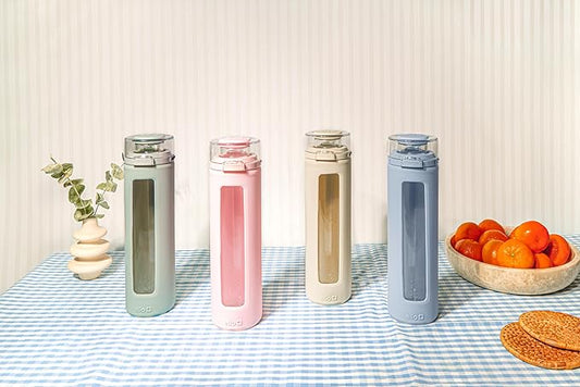 Ello Syndicate Glass Water Bottle with One-Touch Flip Lid and Protective Silicone Sleeve and Carry Loop, BPA Free, Dishwasher Safe,20oz