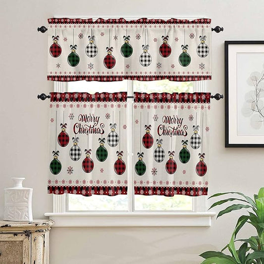 Christmas Kitchen Curtains and Valances Set, Vintage Buffalo Plaid Christmas Balls Window Treatments Tiers Farmhouse Half/Short Curtains for Small Windows Cafe /Living Room/ Bedroom 54x 36 in