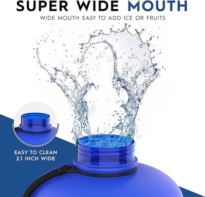 Sports Water Bottle 73OZ Half Gallon with Handle Big Reusable Water Jug 2.2L for Sport & Fitness with Built-In Storage Case for Cash & Cards | Eco Friendly & BPA Free | Matte Blue